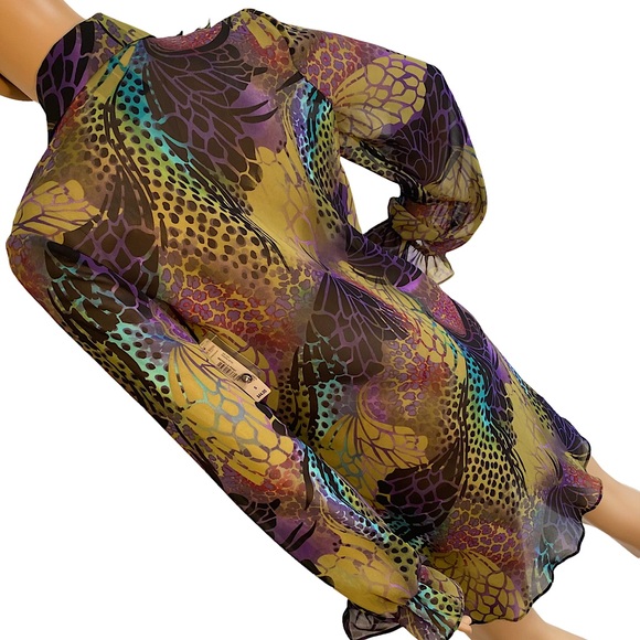 ๐ BISOU BISOU | MARIELLA ANIMALISTIC PRINT SHEER RUFFLE DRESS / BLOUSE SZ S - Picture 6 of 14